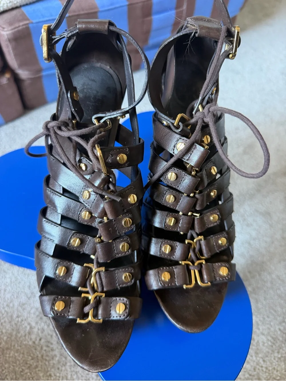 Tory Burch Dark Brown Strappy Gladiator Heels with Gold Accents